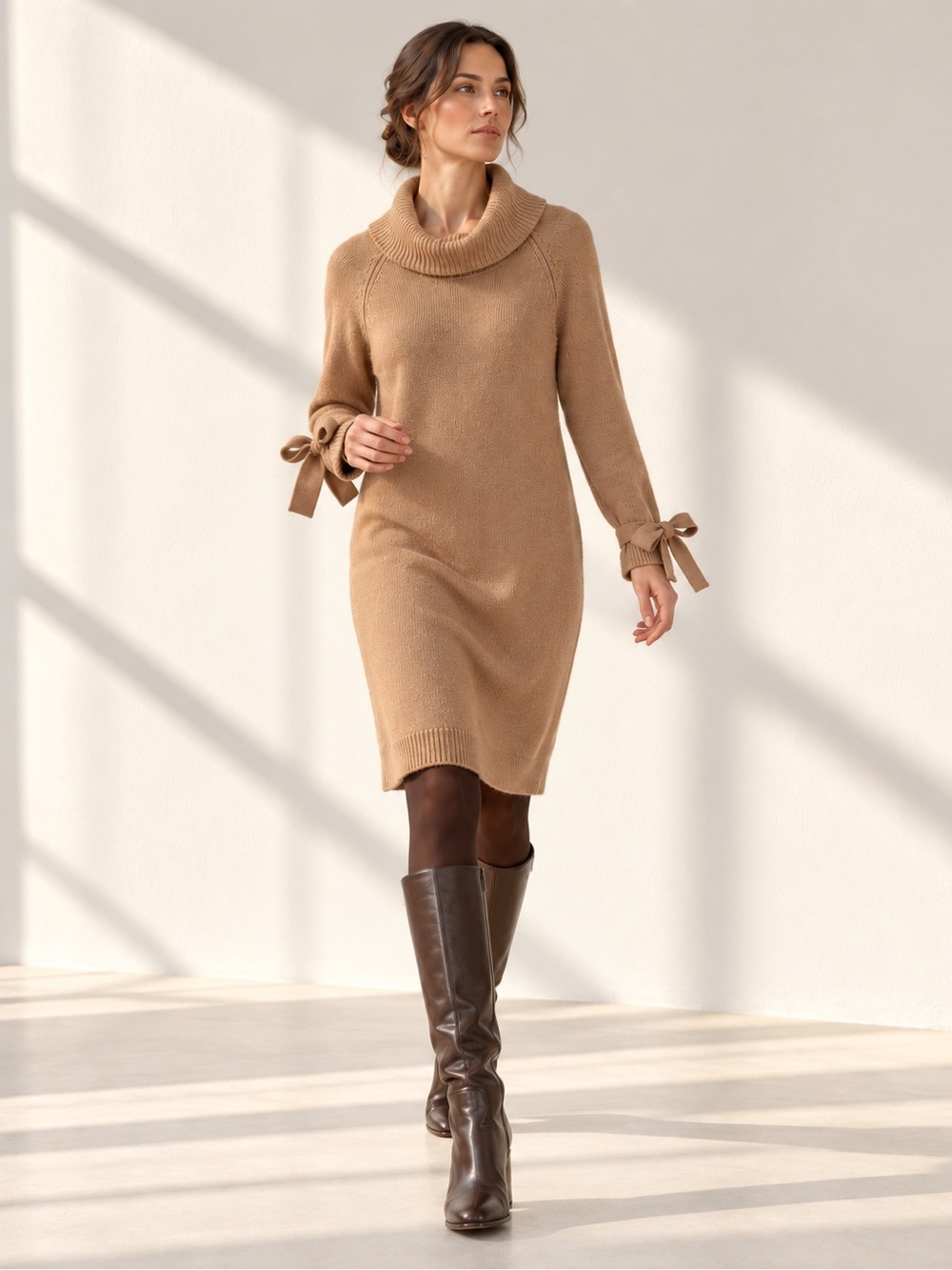 Massimo Dutti Caramel Wool Knit Midi Dress Cowl Neck Tie Cuffs Sz L